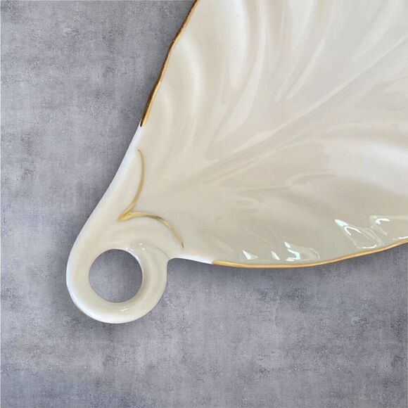 Vintage Lenox Leaf Candy Dish 10" Long - Ivory w/ Gold Trim Made in USA - Picture 6 of 6